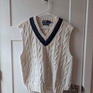 Ralph Lauren Cream Cable Knit V-Neck Sweater Vest with Navy Trim